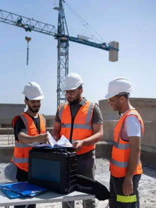 Three men examining a plan on a worksite, wearing high vis vests and hard hats